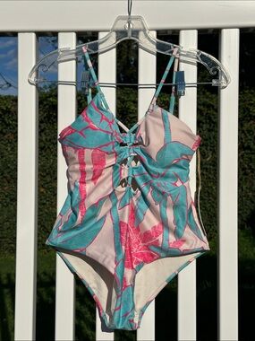 Phax Tropical Tie-Front One-Piece Swimsuit in Teal & Pink